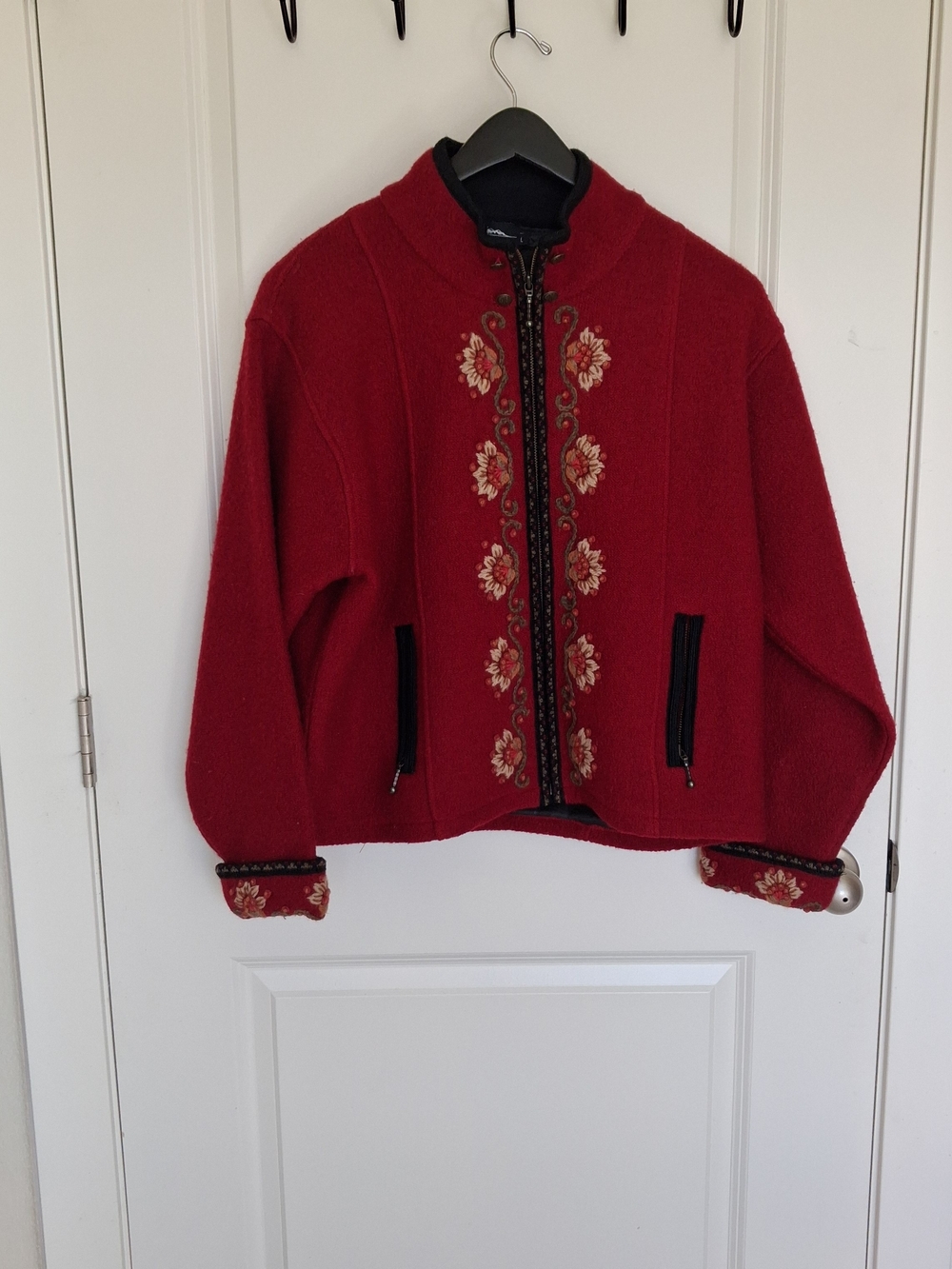 Women’s Red Embroidered Zip-Front Jacket
